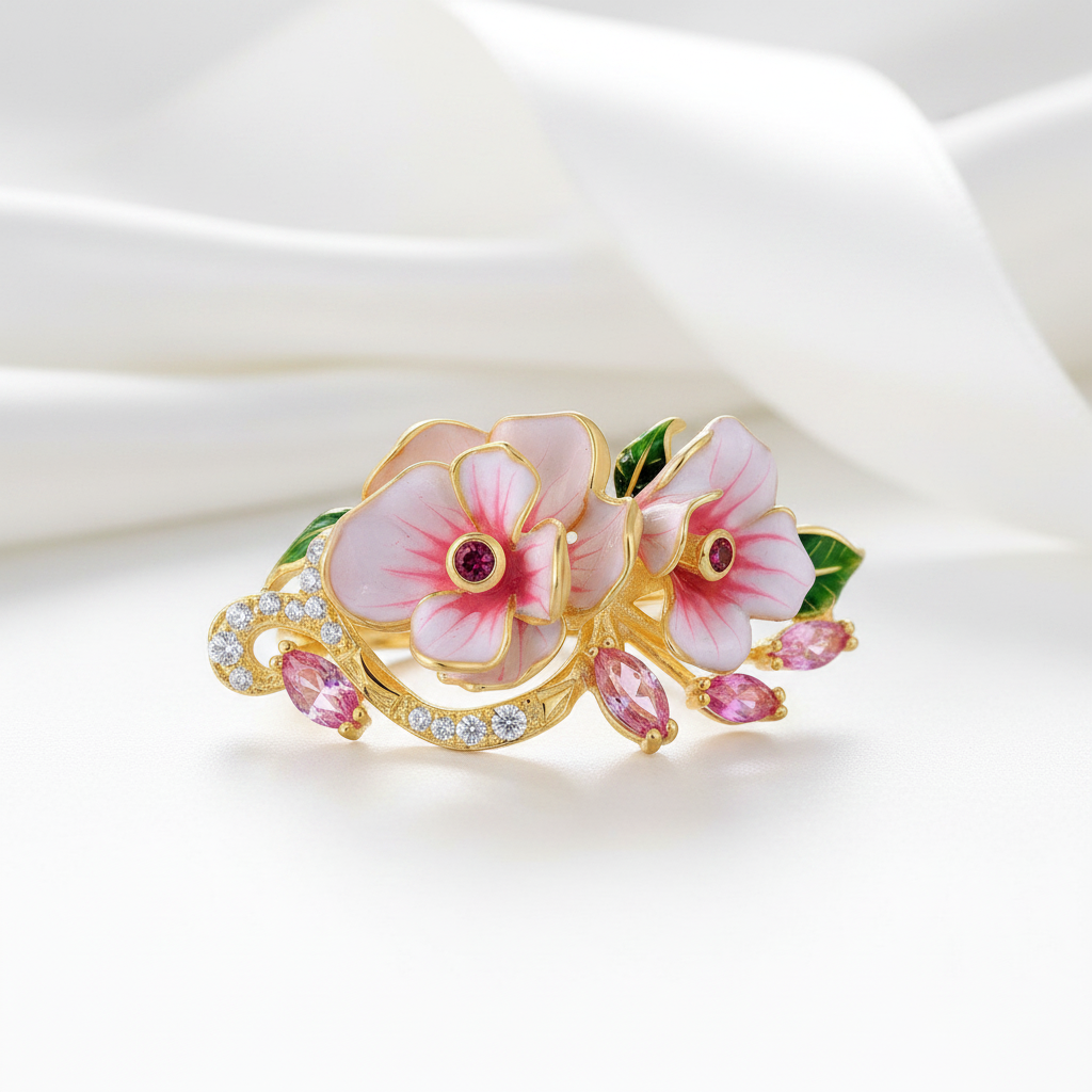 Delicate Red & Pink Enamel Flower Ring with Diamond Option-Black Diamonds New York