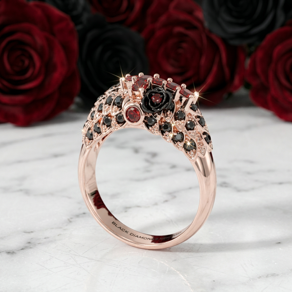 You're My Life- 14K Gold Skull, Cross Black Rose Diamond Option Gothic Promise Ring-Black Diamonds New York