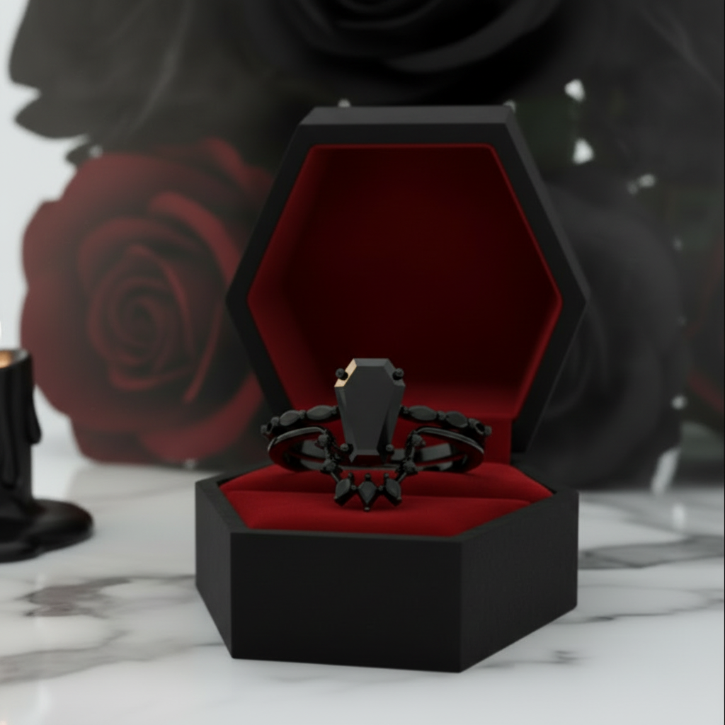 Devoted To You - Limited Coffin Cut Diamond Option Gothic Ring Set-Black Diamonds New York