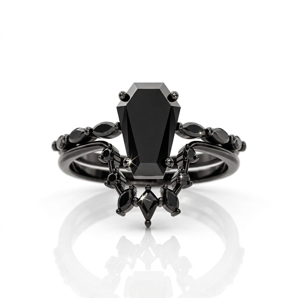 Devoted To You - Limited Coffin Cut Diamond Option Gothic Ring Set-Black Diamonds New York