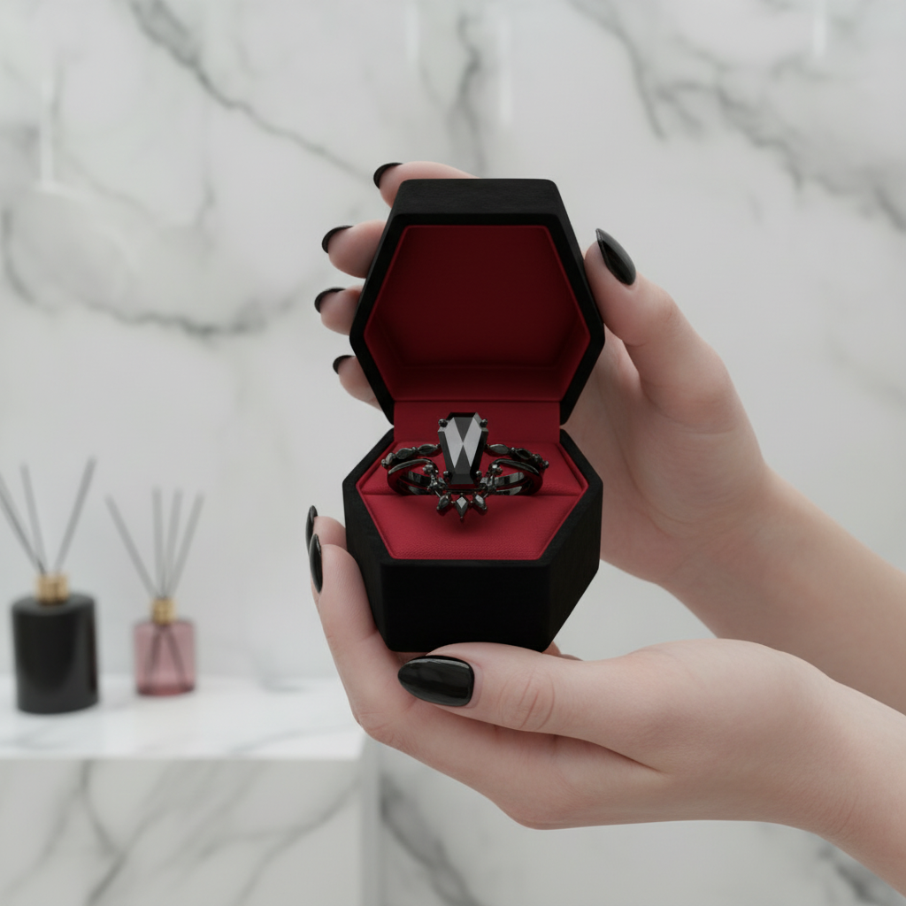 Devoted To You - Limited Coffin Cut Diamond Option Gothic Ring Set-Black Diamonds New York