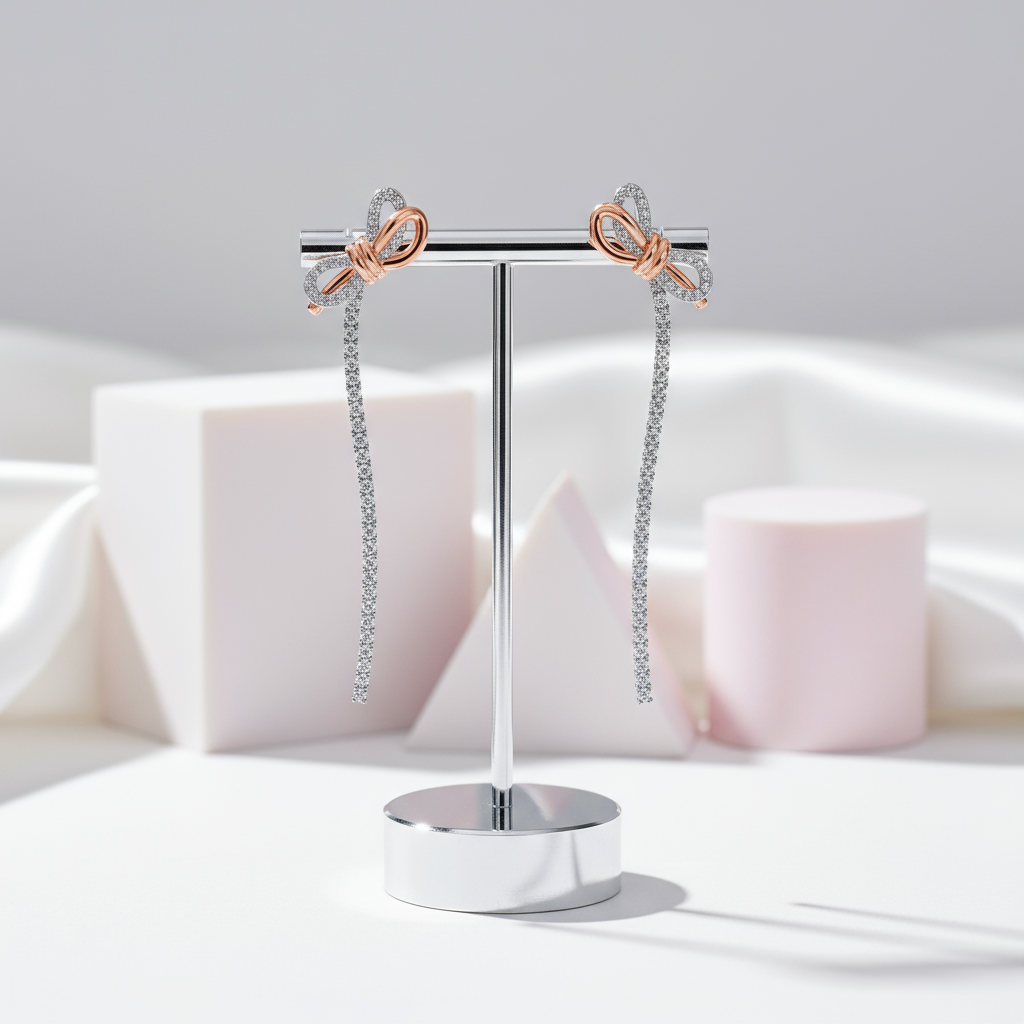 Round Diamond Bow Tassel Temperamental Long Earrings-Black Diamonds New York