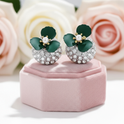 Diamond Deep Green Flower Double-sided Pearl Earrings-Black Diamonds New York