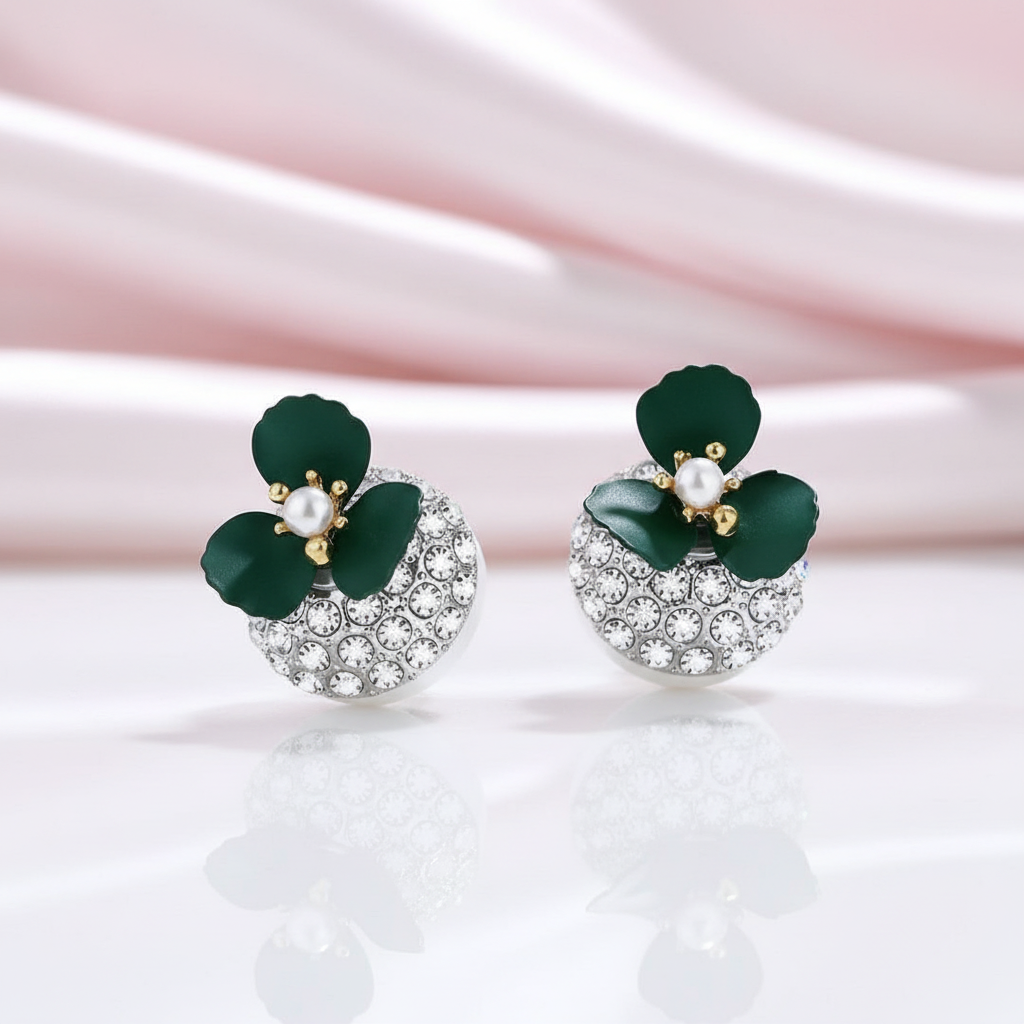 Diamond Option Deep Green Flower Double-sided Pearl Earrings-Black Diamonds New York