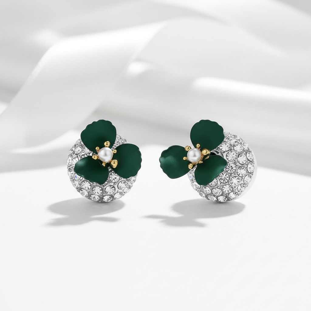 Diamond Option Deep Green Flower Double-sided Pearl Earrings-Black Diamonds New York
