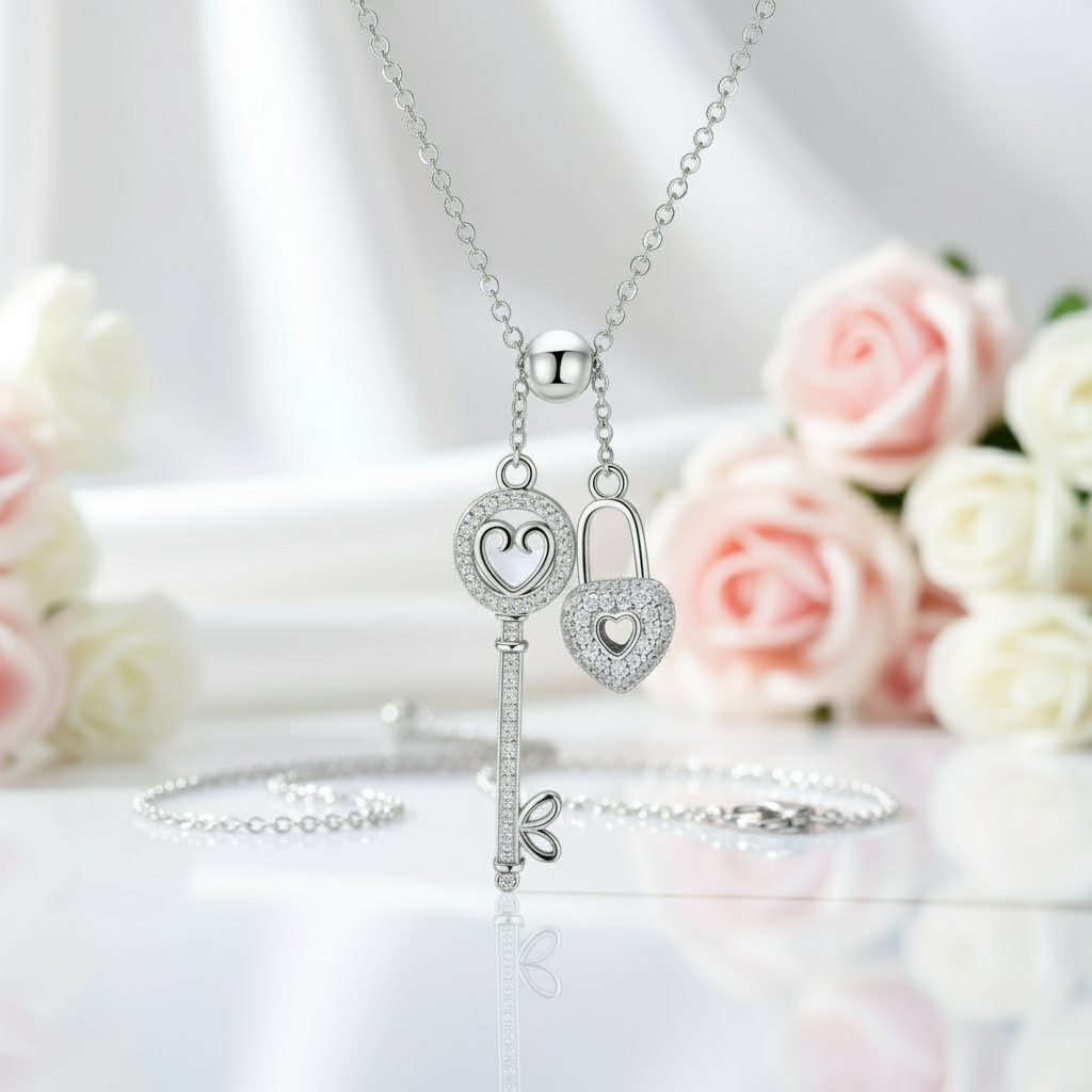 Diamond Heart Lock & Key Pendant Necklace-Black Diamonds New York