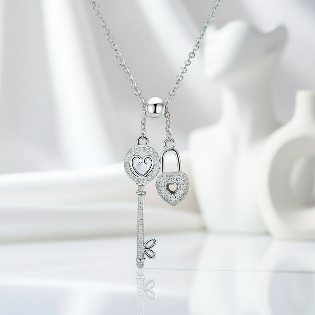 Diamond Heart Lock & Key Pendant Necklace-Black Diamonds New York
