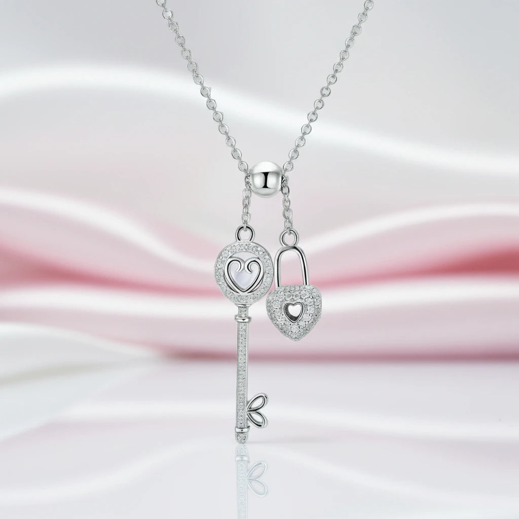 Diamond Option Heart Lock & Key Pendant Necklace-Black Diamonds New York