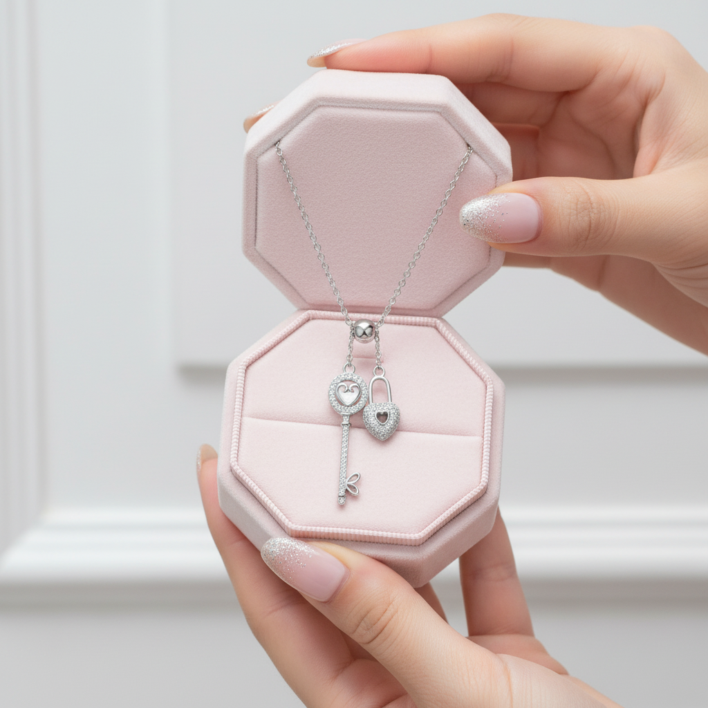 Pink jewelry box with a silver necklace featuring a heart-shaped pendant held by a hand.