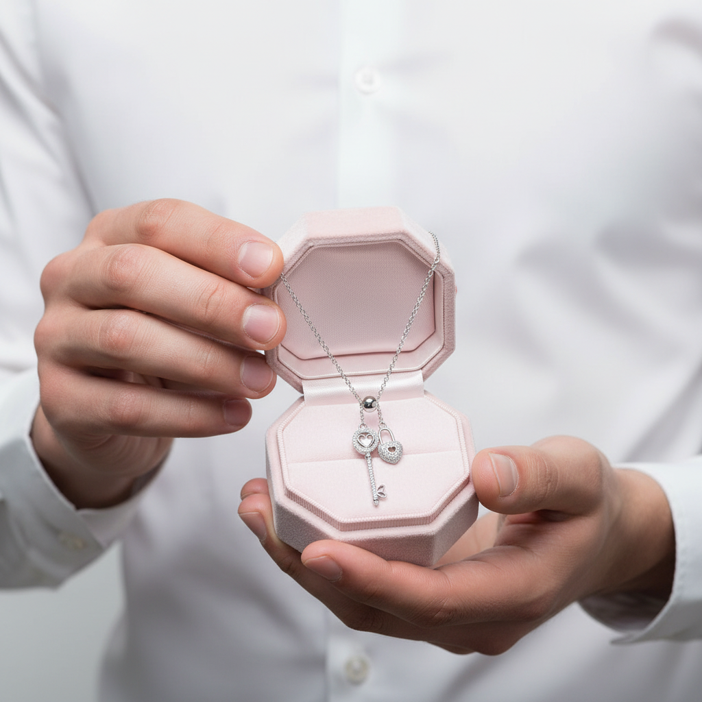 Person holding a pink jewelry box with a necklace inside, wearing a white shirt.