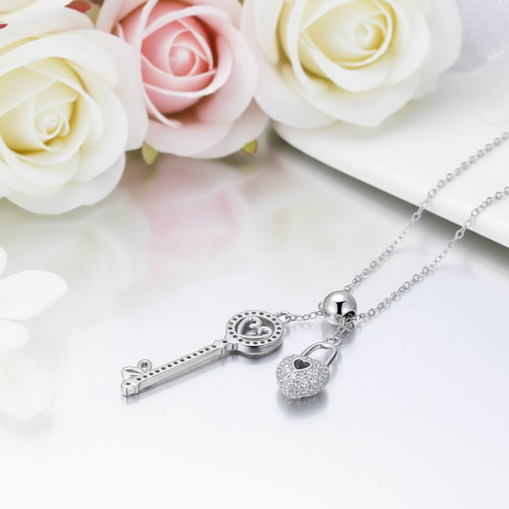 Diamond Heart Lock & Key Pendant Necklace-Black Diamonds New York