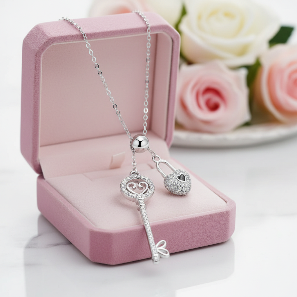Diamond Heart Lock & Key Pendant Necklace-Black Diamonds New York
