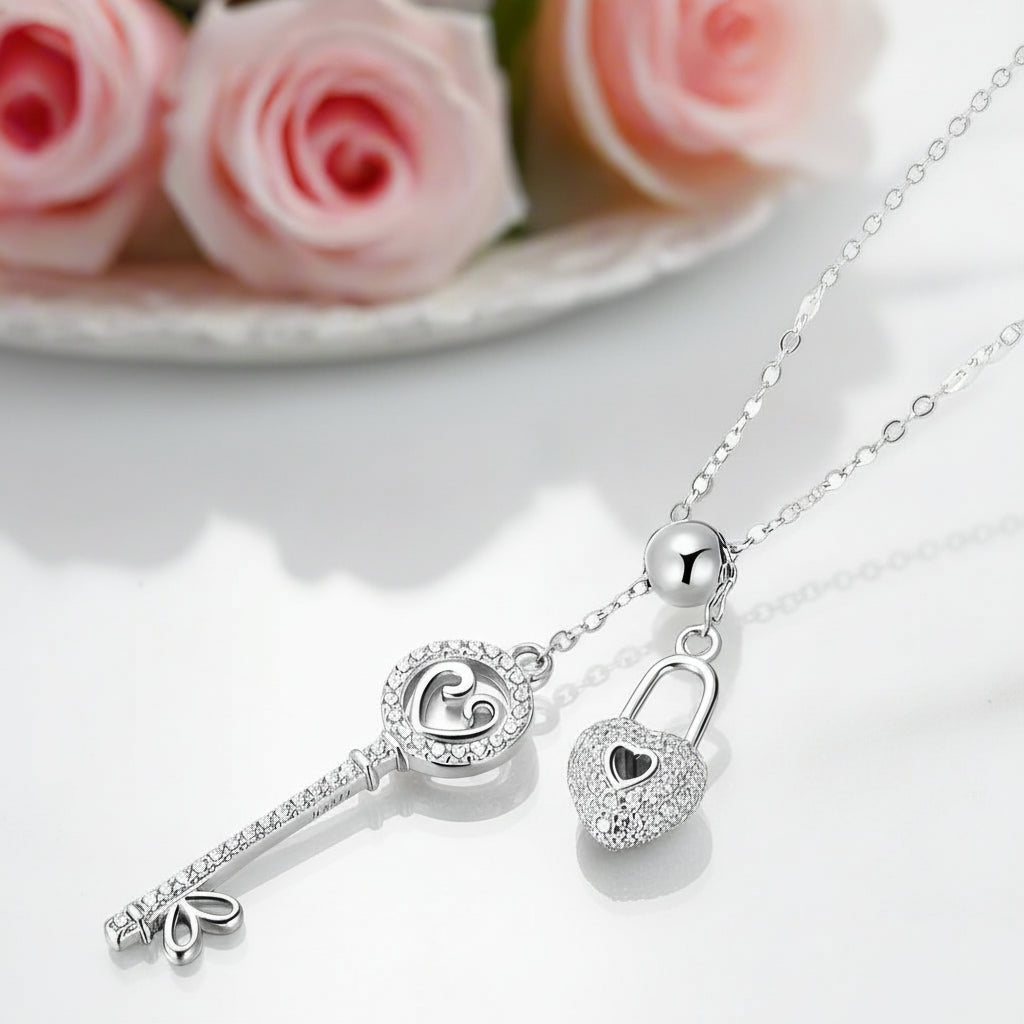 Diamond Heart Lock & Key Pendant Necklace-Black Diamonds New York