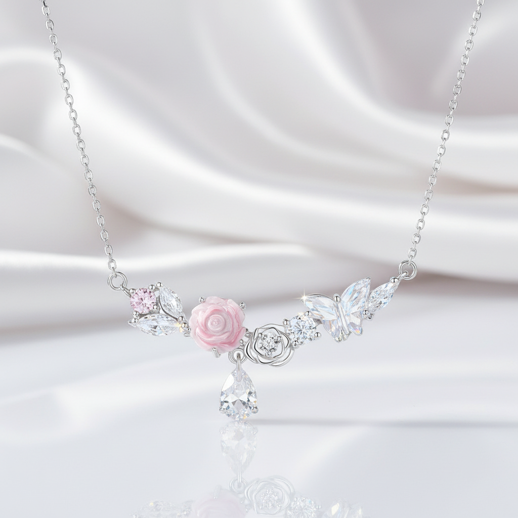 Diamond Necklace with Flower & Butterfly-Black Diamonds New York