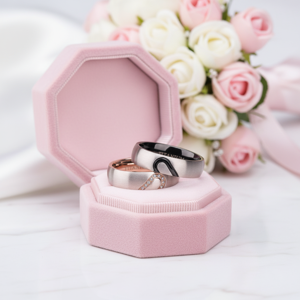 Dome Heart Shape Inlay Titanium Couple Wedding Band-Black Diamonds New York
