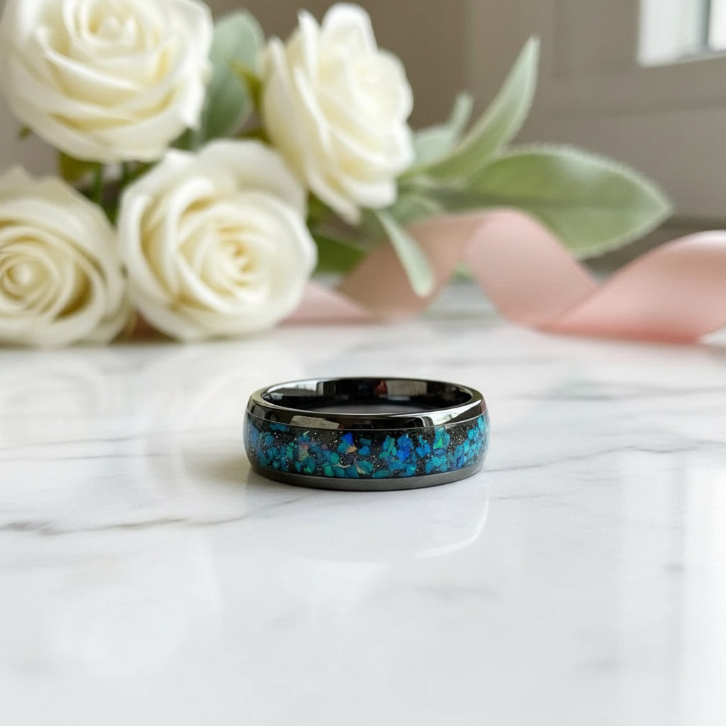 Dome Opal Galaxy Unisex Tungsten Wedding Band-Black Diamonds New York