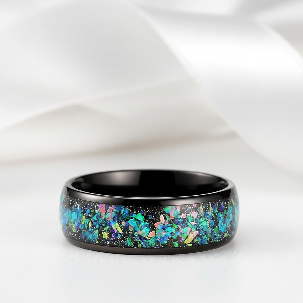Dome Opal Galaxy Unisex Tungsten Wedding Band-Black Diamonds New York