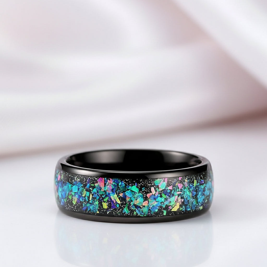 Dome Opal Galaxy Unisex Tungsten Wedding Band-Black Diamonds New York