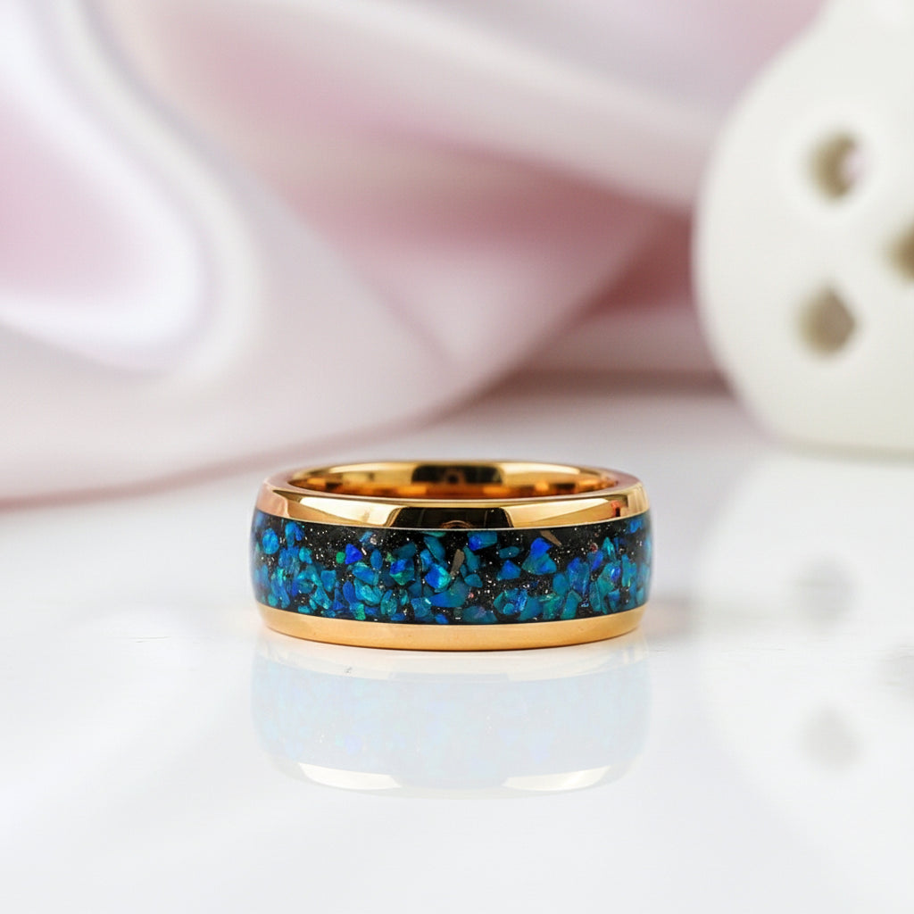 Dome Opal Galaxy Unisex Tungsten Wedding Band-Black Diamonds New York