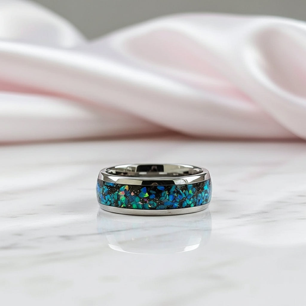 Dome Opal Galaxy Unisex Tungsten Wedding Band-Black Diamonds New York