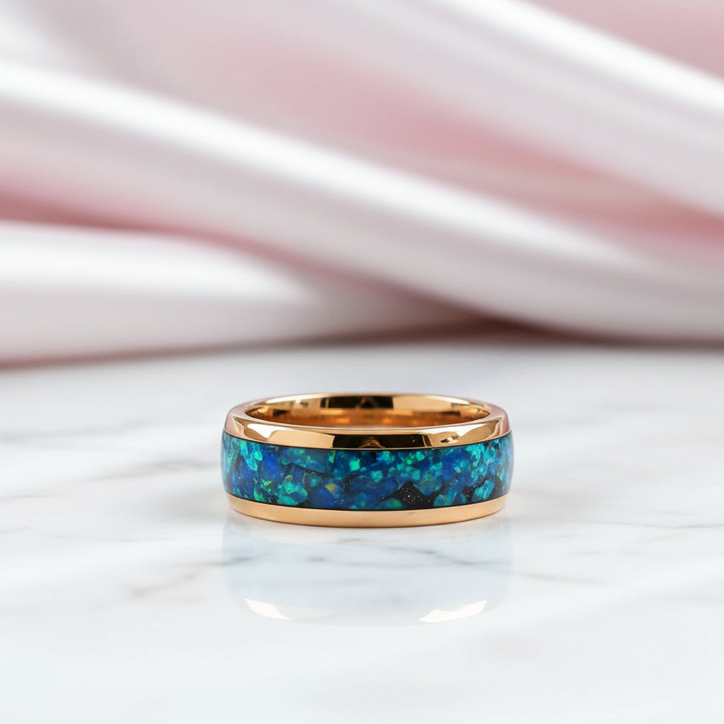 Dome Opal Galaxy Unisex Tungsten Wedding Band-Black Diamonds New York
