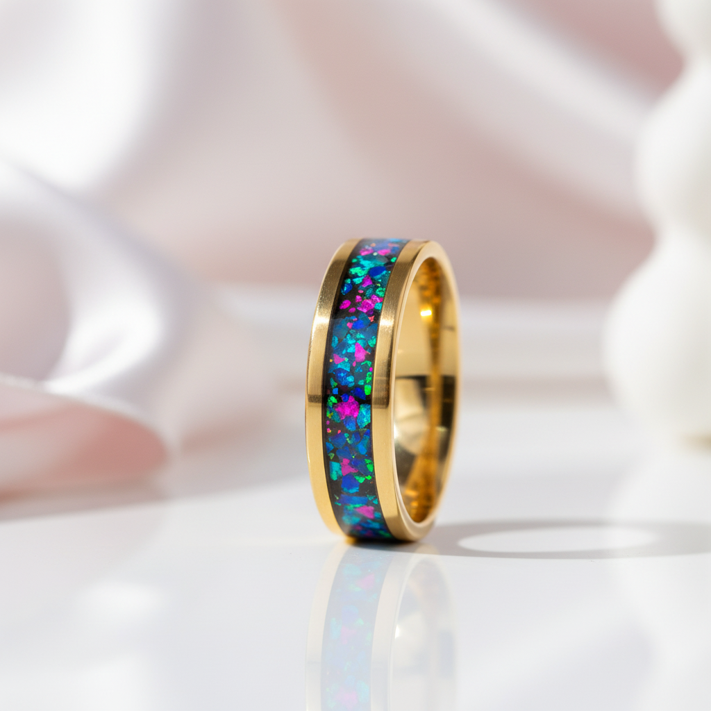 Dome Opal Galaxy Unisex Tungsten Wedding Band-Black Diamonds New York