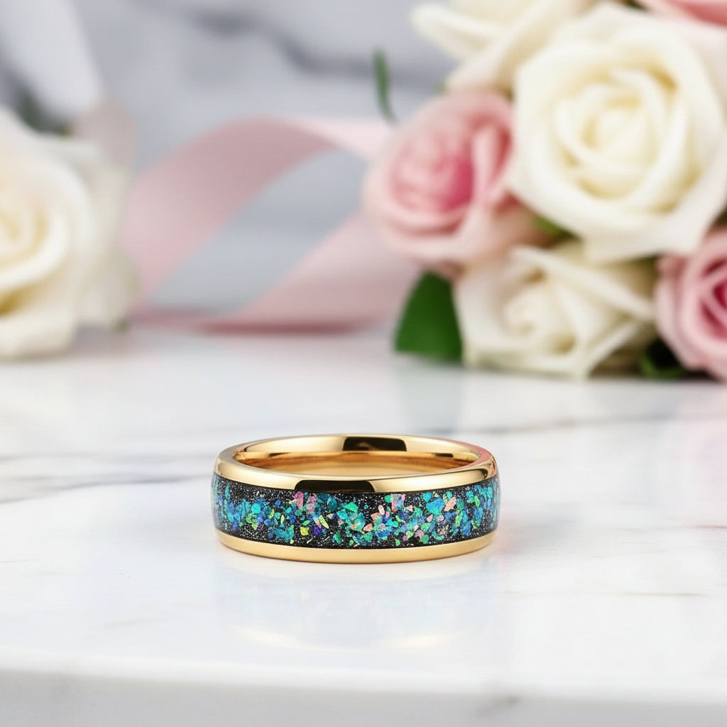 Dome Opal Galaxy Unisex Tungsten Wedding Band-Black Diamonds New York