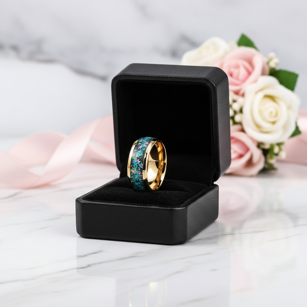 Dome Opal Galaxy Unisex Tungsten Wedding Band-Black Diamonds New York