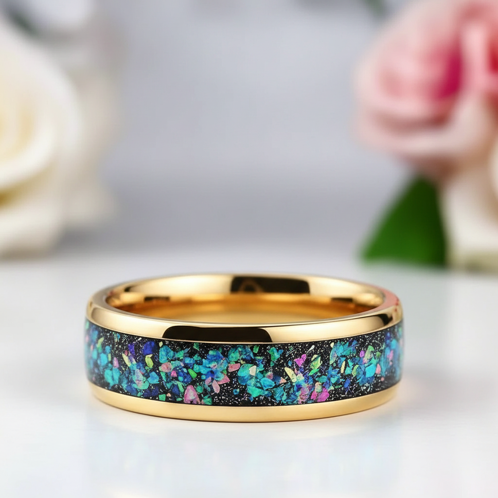 Dome Opal Galaxy Unisex Tungsten Wedding Band-Black Diamonds New York