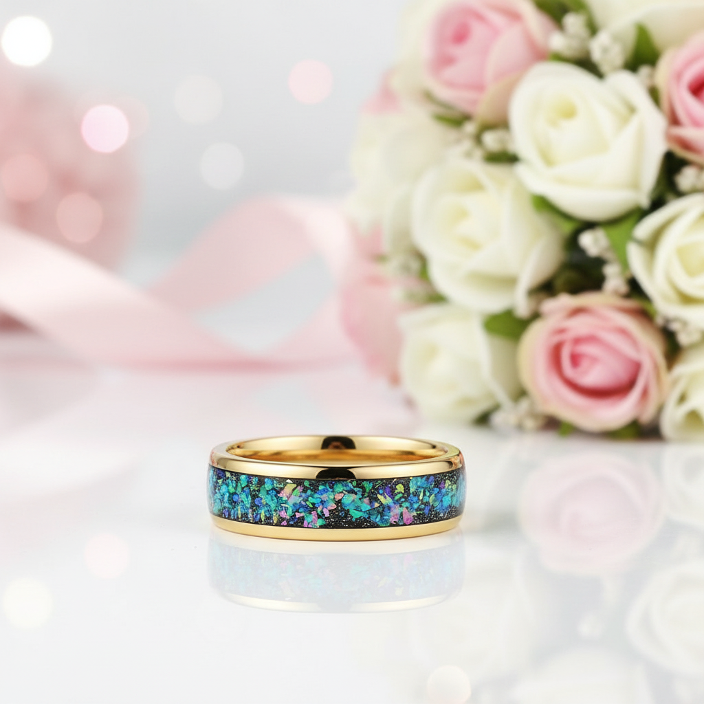 Dome Opal Galaxy Unisex Tungsten Wedding Band-Black Diamonds New York