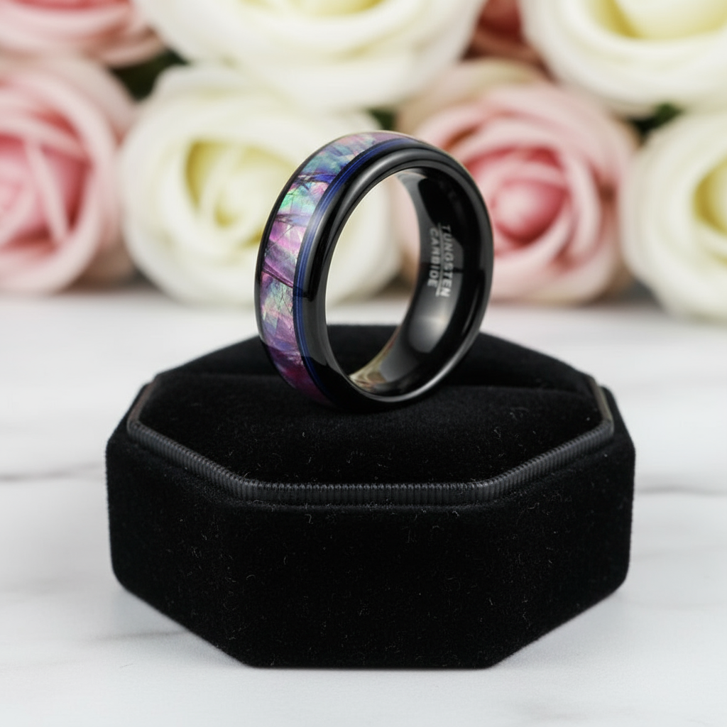 Dome Tungsten Wedding Band with Opal Abalone Shell & Blue Guitar String Inlay-Black Diamonds New York