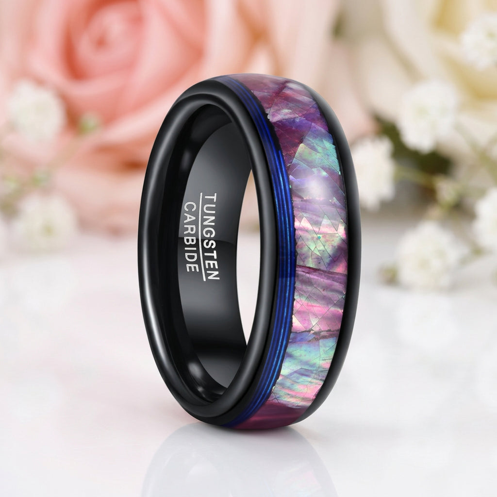 Dome Tungsten Wedding Band with Opal Abalone Shell & Blue Guitar String Inlay-Black Diamonds New York