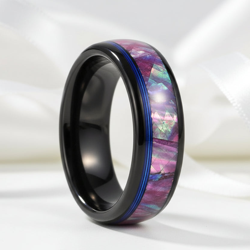 Dome Tungsten Wedding Band with Opal Abalone Shell & Blue Guitar String Inlay-Black Diamonds New York