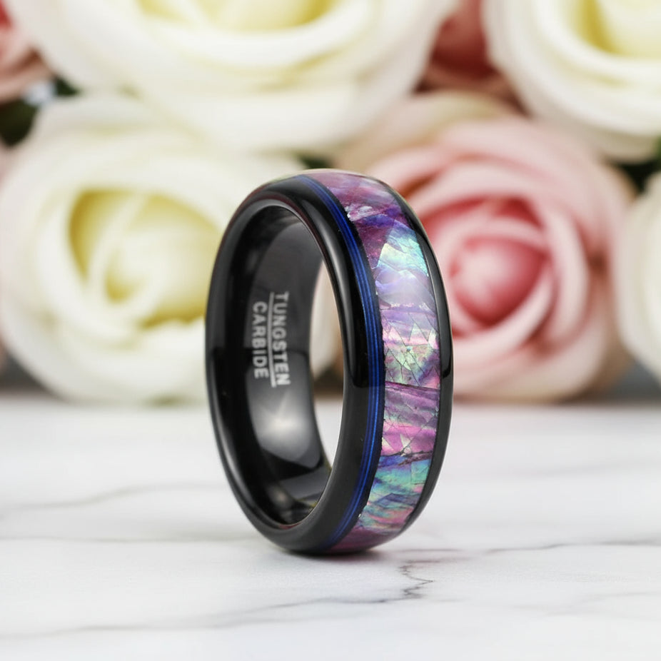 Dome Tungsten Wedding Band with Opal Abalone Shell & Blue Guitar String Inlay-Black Diamonds New York