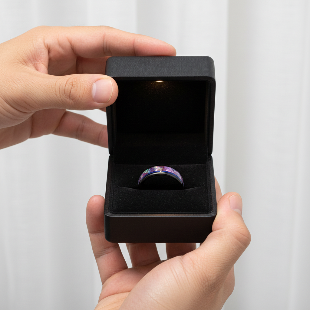 Dome Tungsten Wedding Band with Opal Abalone Shell & Blue Guitar String Inlay-Black Diamonds New York