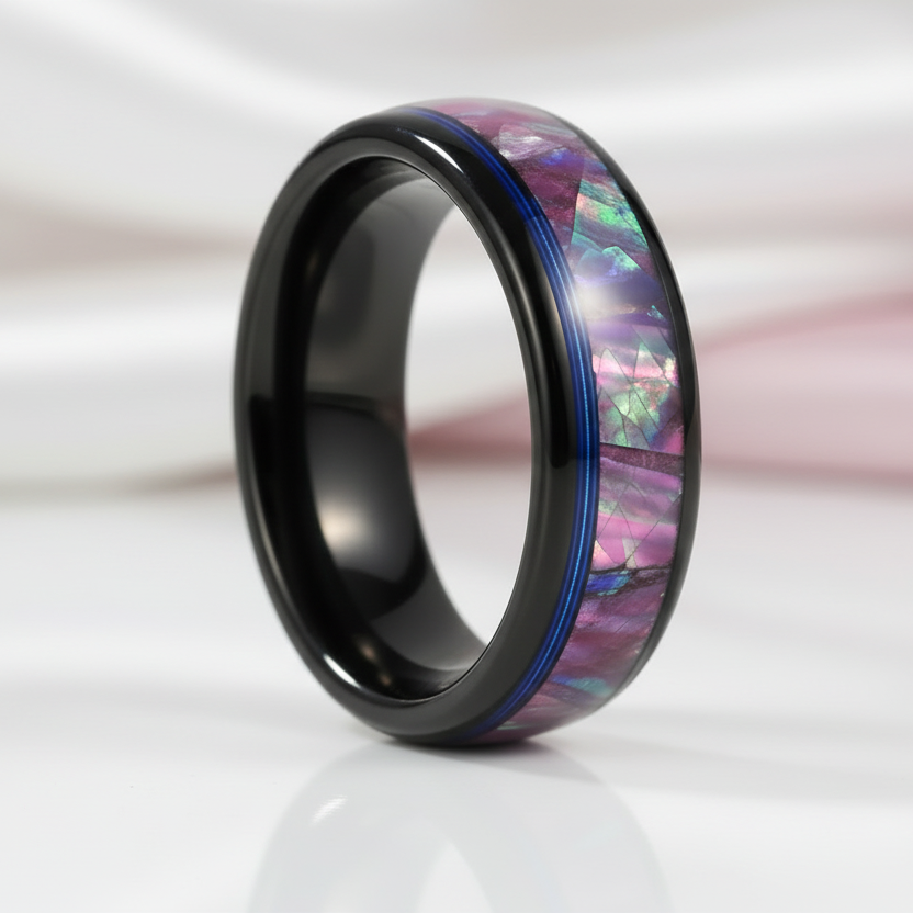 Dome Tungsten Wedding Band with Opal Abalone Shell & Blue Guitar String Inlay-Black Diamonds New York