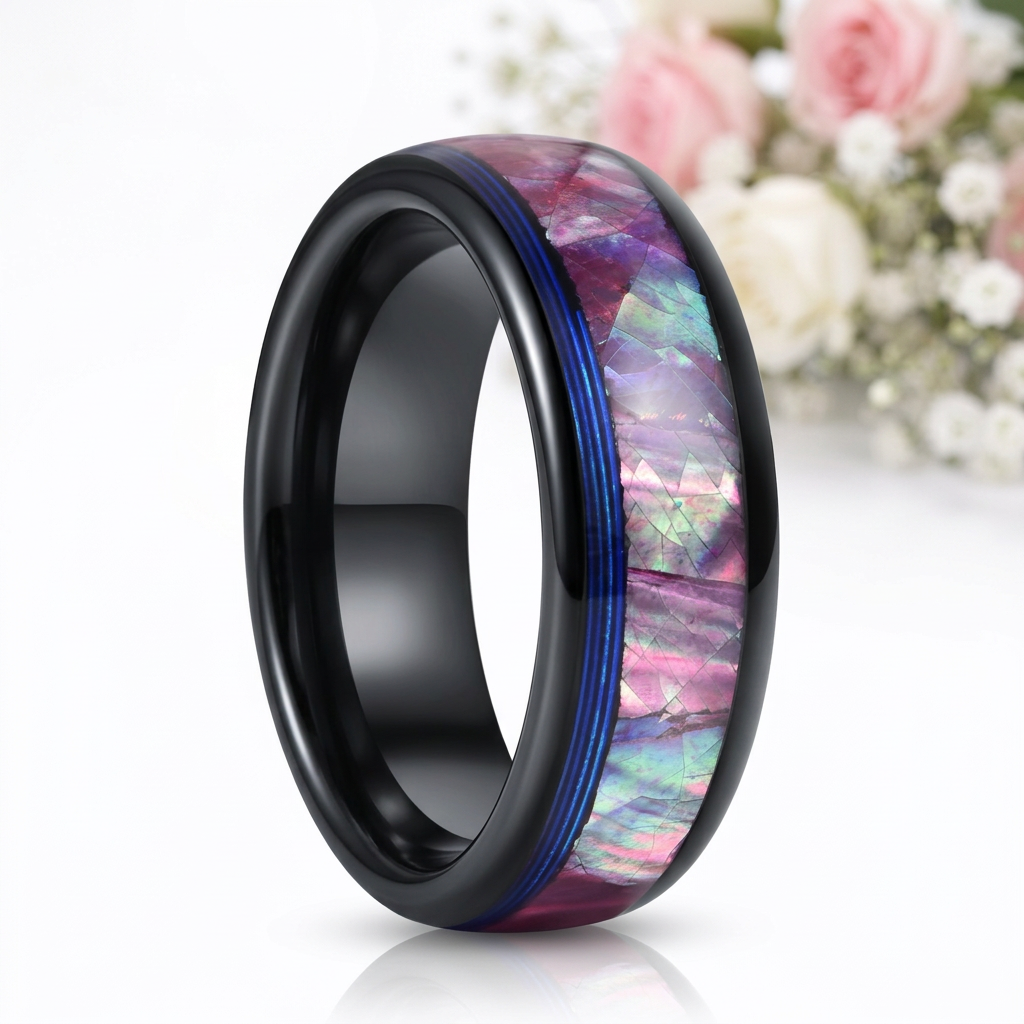 Dome Tungsten Wedding Band with Opal Abalone Shell & Blue Guitar String Inlay-Black Diamonds New York