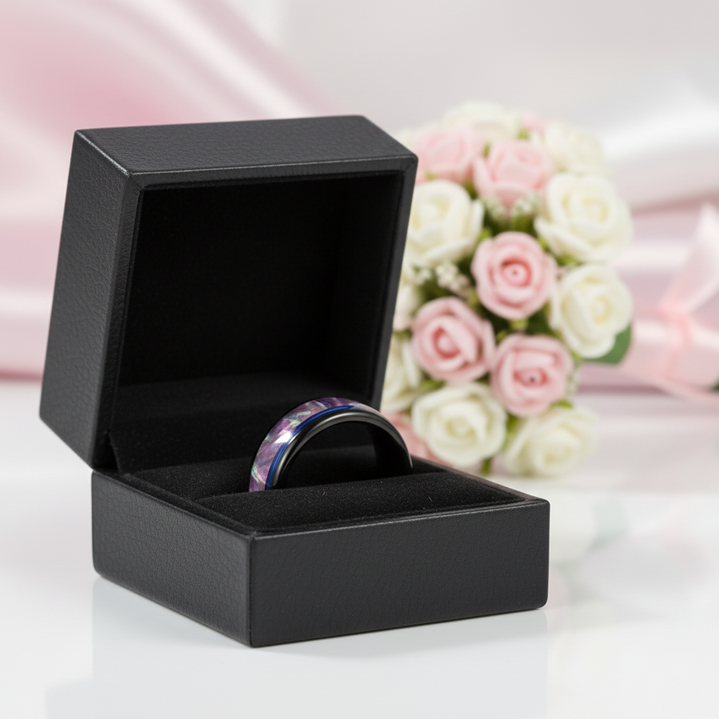 Dome Tungsten Wedding Band with Opal Abalone Shell & Blue Guitar String Inlay-Black Diamonds New York