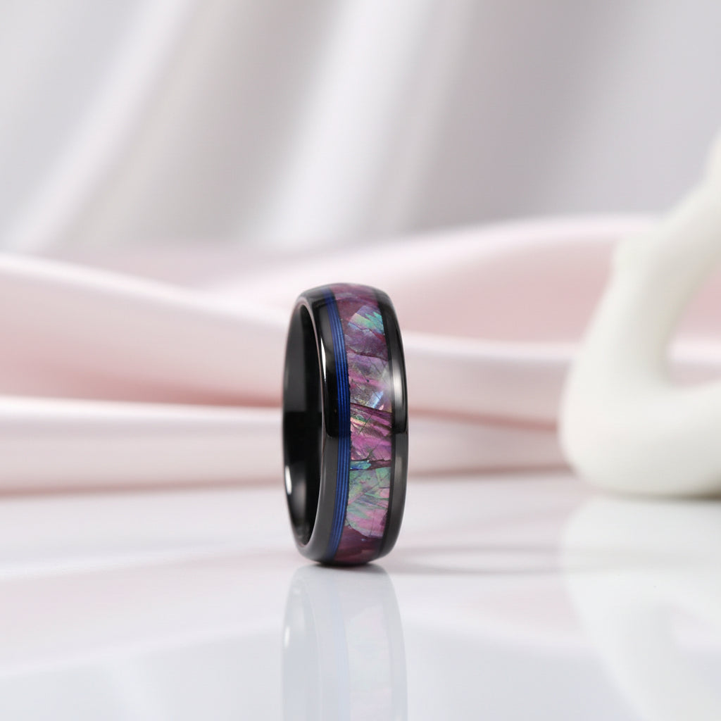 Dome Tungsten Wedding Band with Opal Abalone Shell & Blue Guitar String Inlay-Black Diamonds New York
