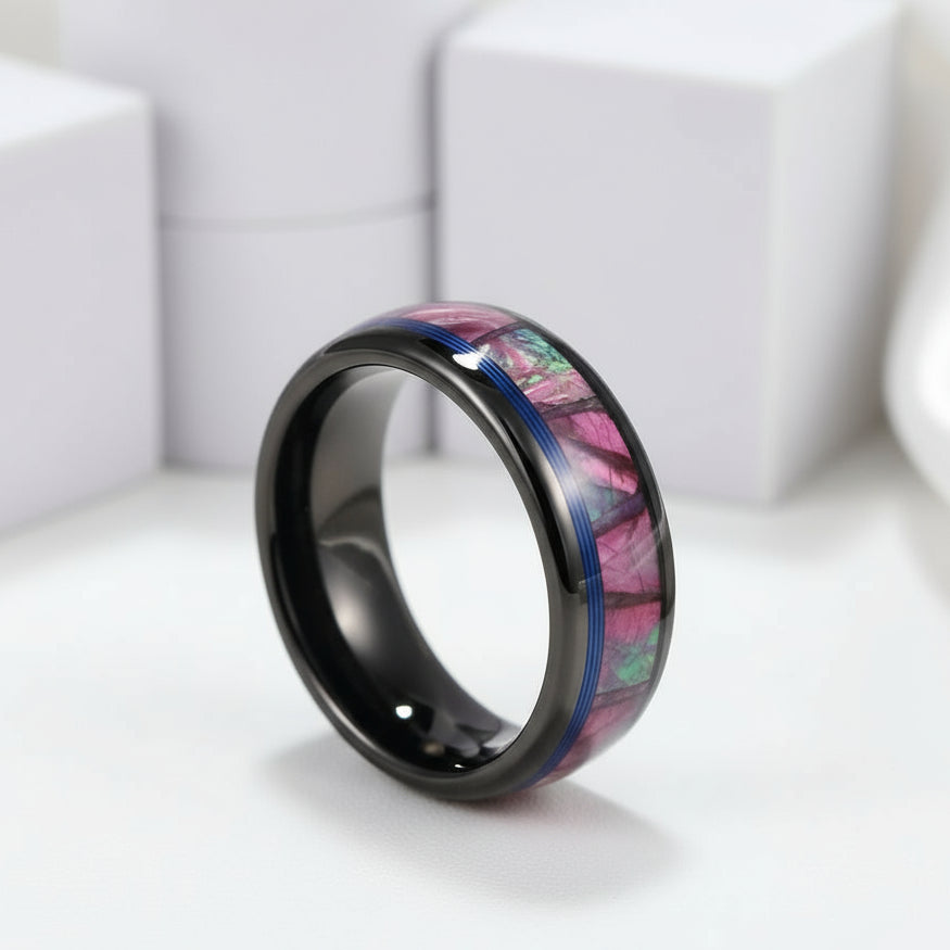 Dome Tungsten Wedding Band with Opal Abalone Shell & Blue Guitar String Inlay-Black Diamonds New York