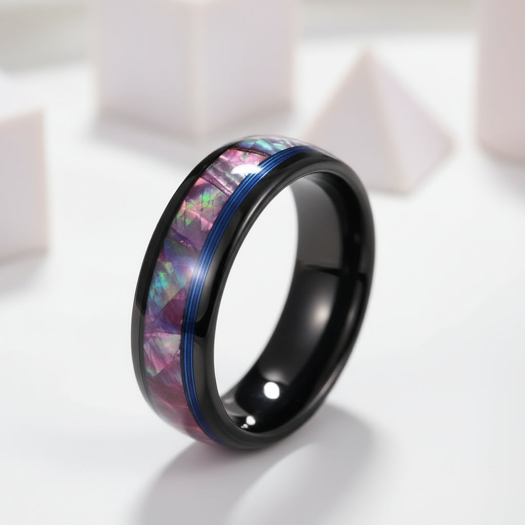Dome Tungsten Wedding Band with Opal Abalone Shell & Blue Guitar String Inlay-Black Diamonds New York