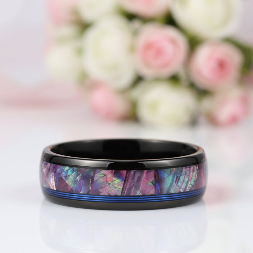 Dome Tungsten Wedding Band with Opal Abalone Shell & Blue Guitar String Inlay-Black Diamonds New York