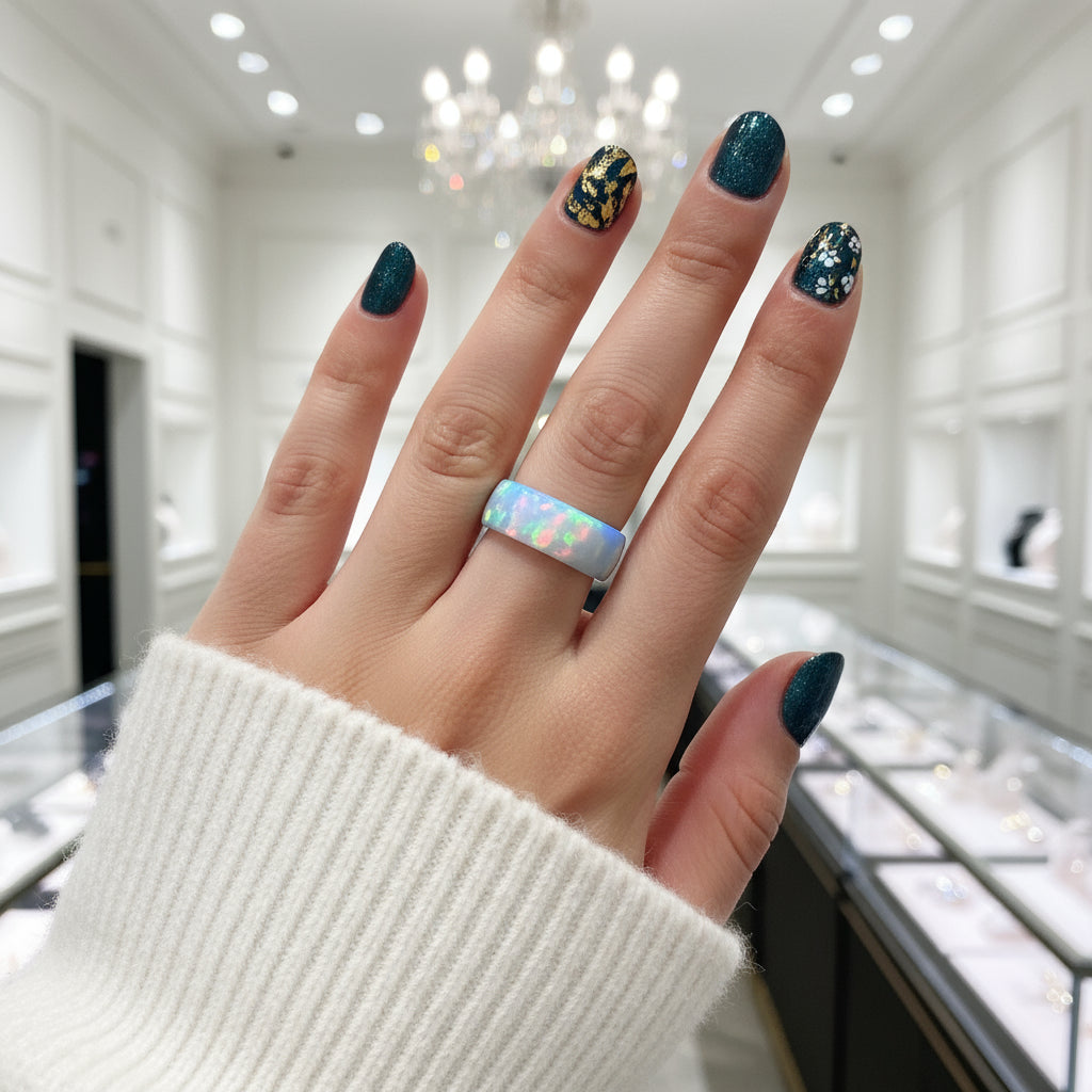 Domed Opal Fidget Women's Wedding Band-Black Diamonds New York