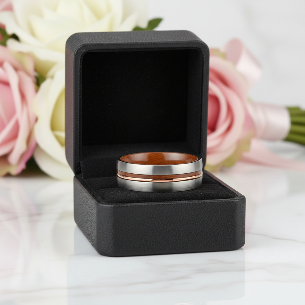 Domed Wooden Men's Titanium Wedding Band-Black Diamonds New York