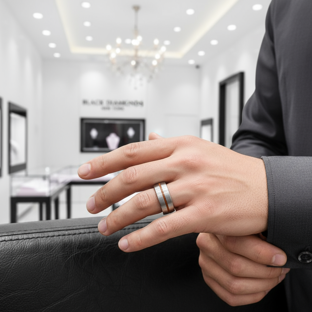 Domed Wooden Men's Titanium Wedding Band-Black Diamonds New York