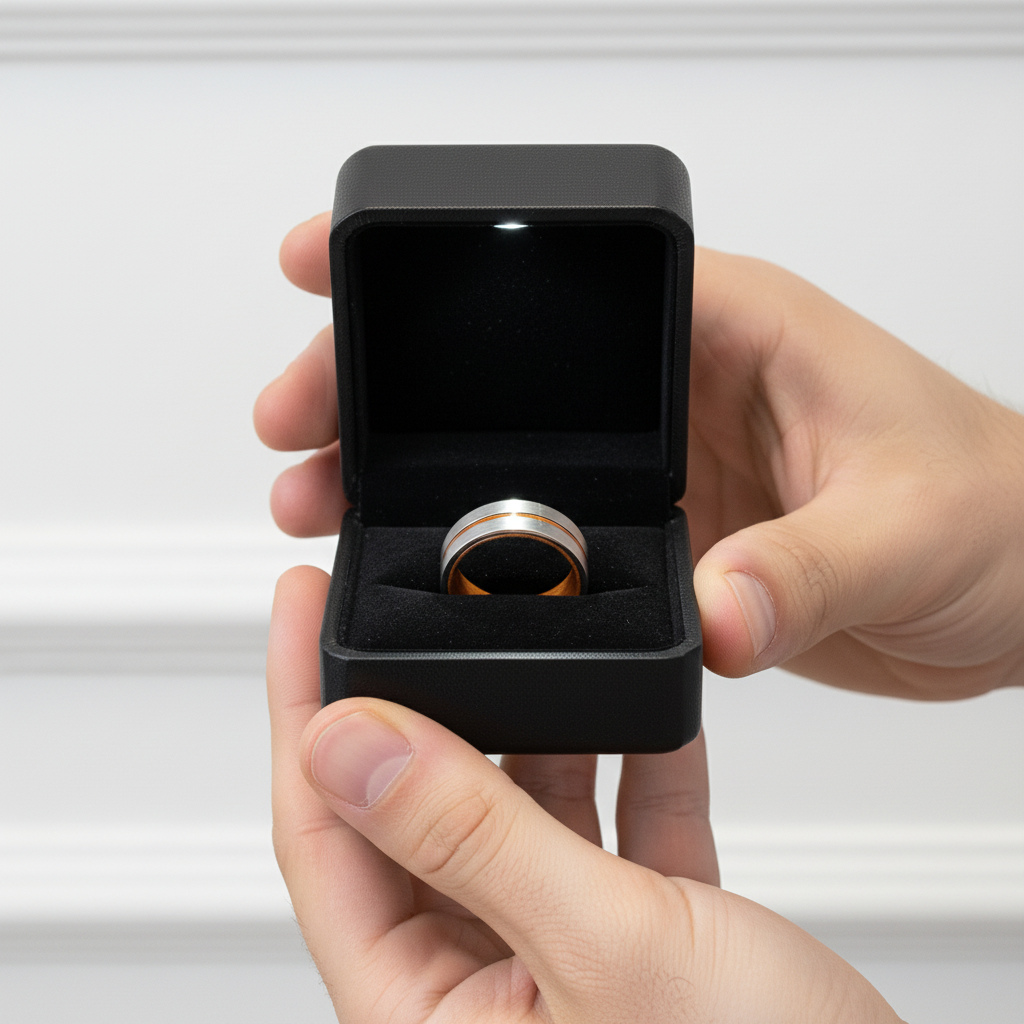 Domed Wooden Men's Titanium Wedding Band-Black Diamonds New York