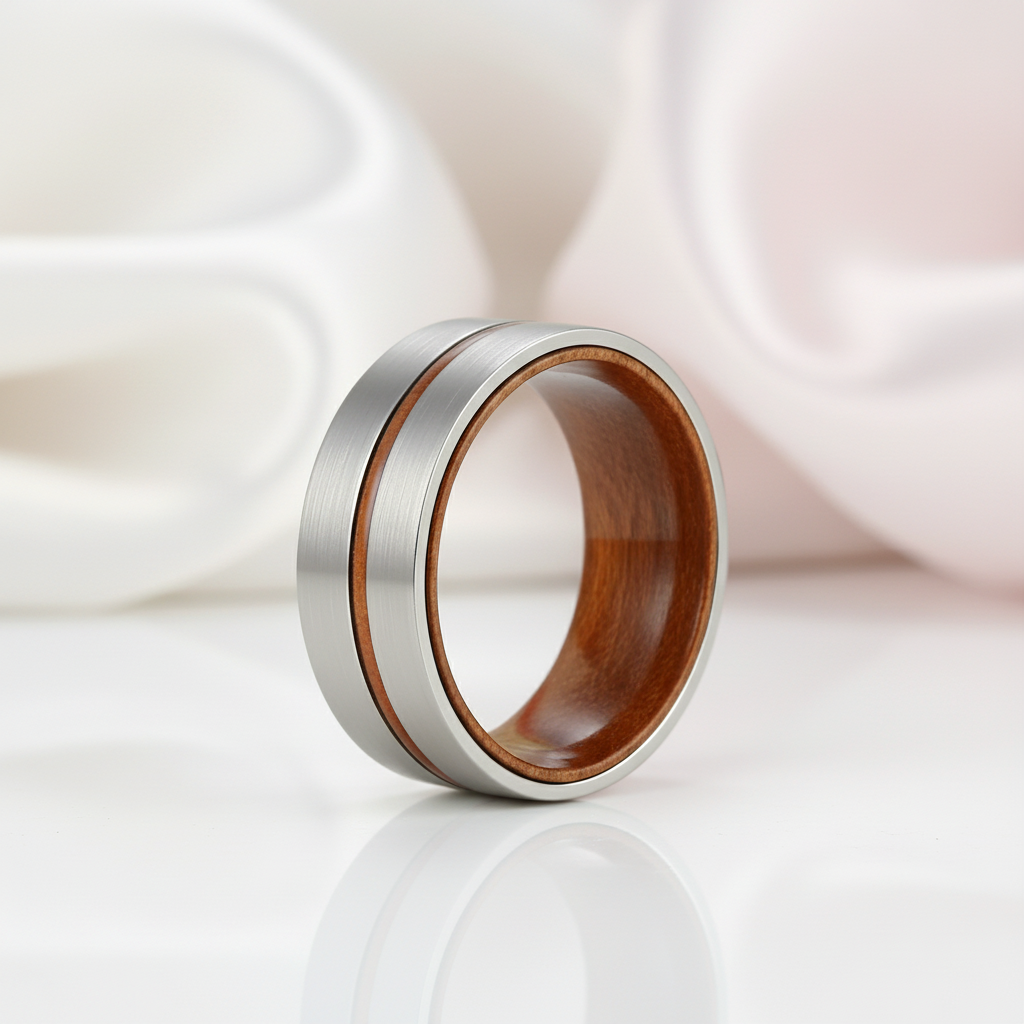 Domed Wooden Men's Titanium Wedding Band-Black Diamonds New York