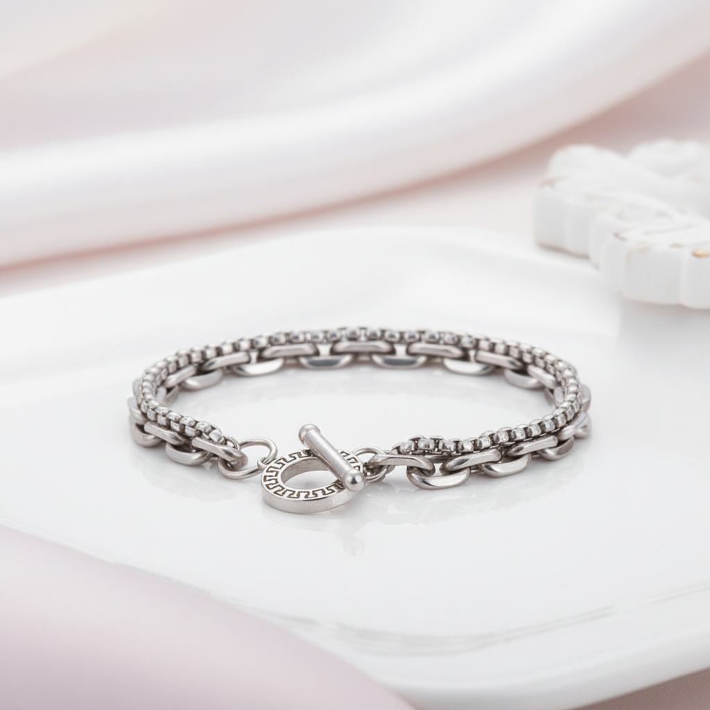 Double Chain Cable Box Link Bracelet-Black Diamonds New York