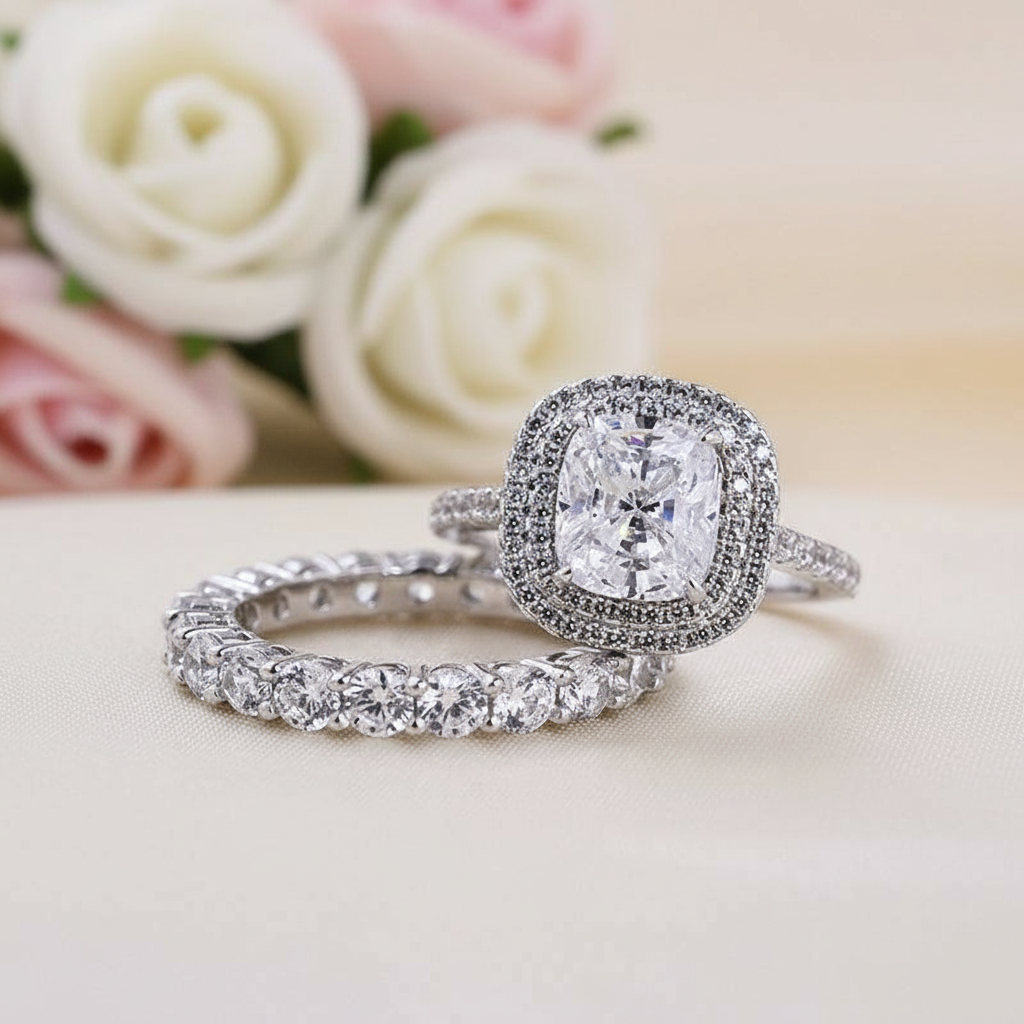 Double Halo 3.0 Carat Cushion Cut Wedding Ring Set-Black Diamonds New York