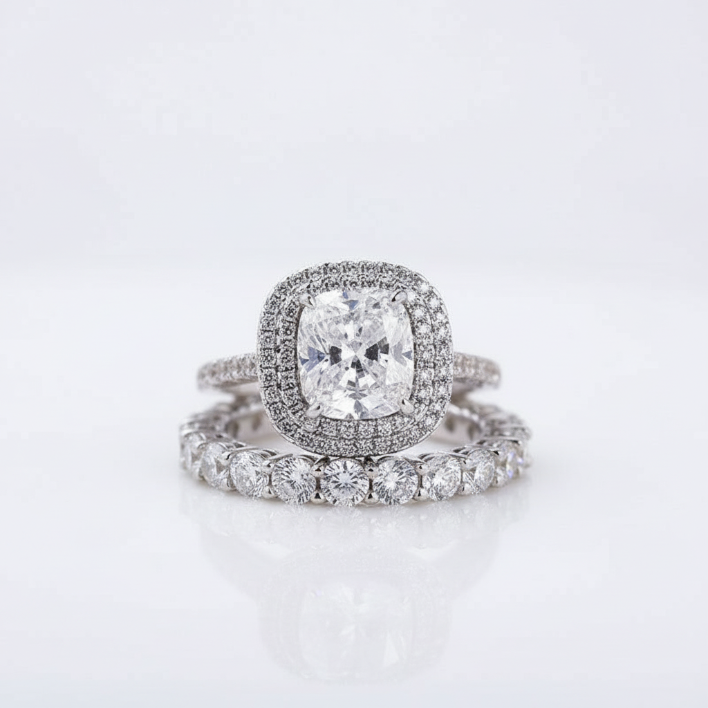 Double Halo 3.0 Carat Cushion Cut Wedding Ring Set-Black Diamonds New York